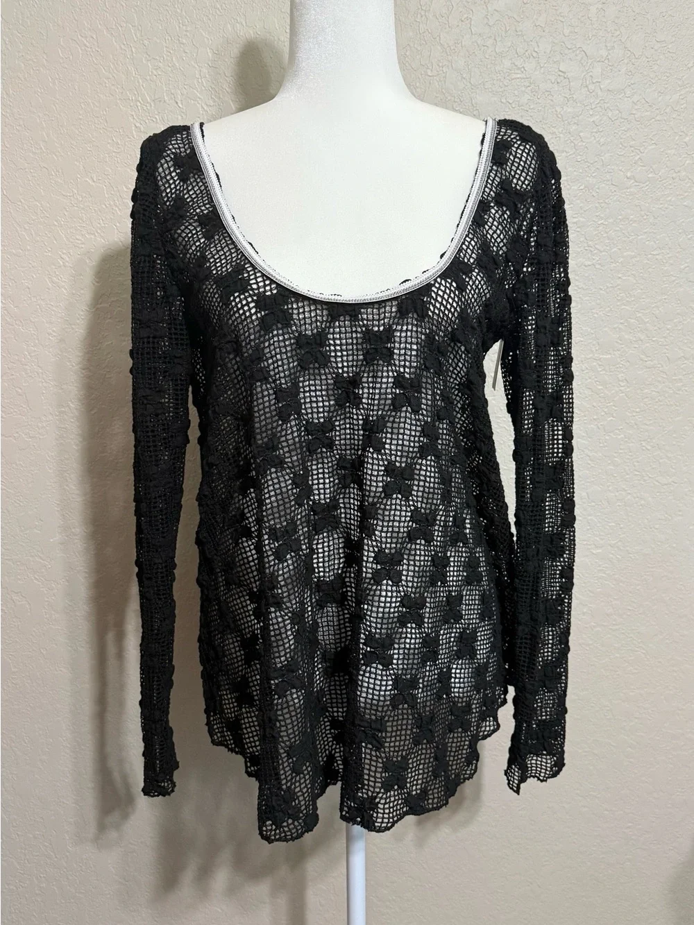Free People Grady Black Crochet Open Back Long Sleeve Top ($98) - Oversized XS